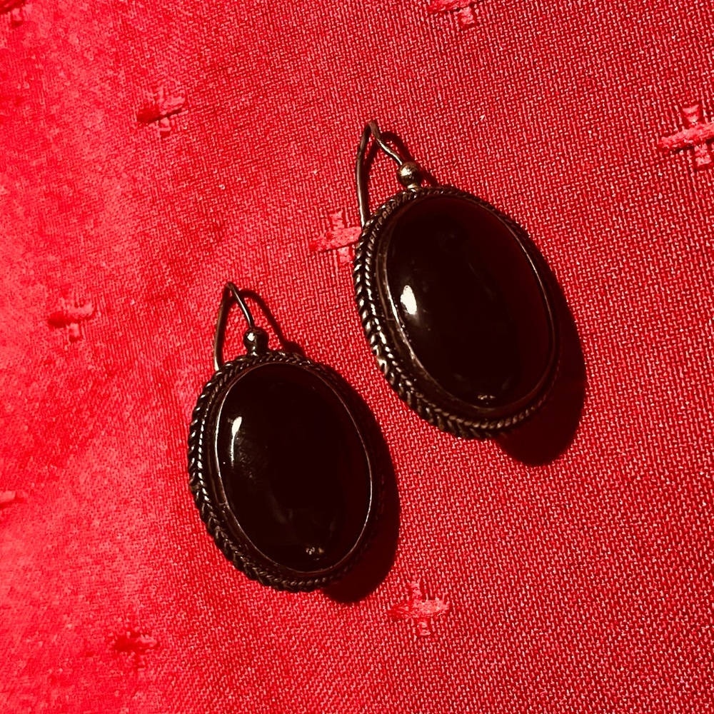 Vintage Natural Black Onyx Earrings 925 Sterling Silver Dangle Earrings